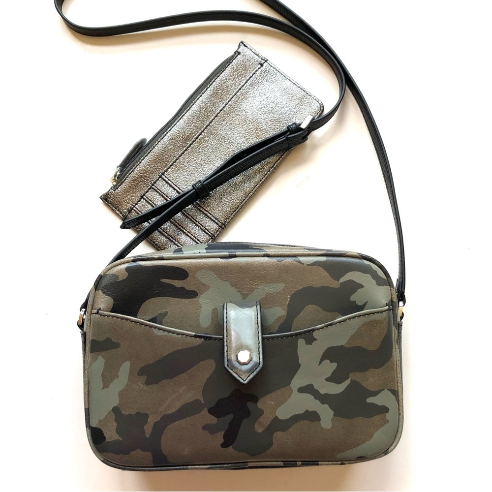 New, Never Used. G.I.L.I. Leather Camo Crossbody & Slim Metallic Wallet